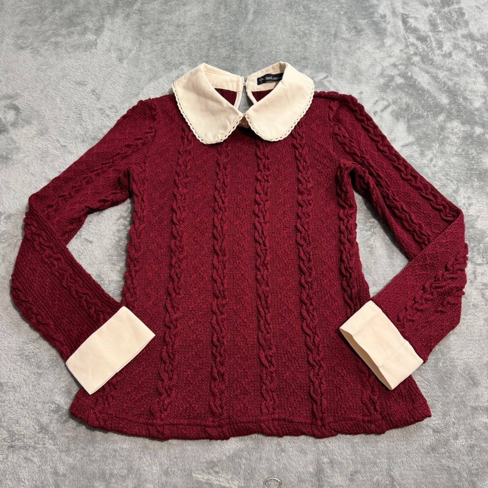 GanLan Knit Burgundy Cable Knit Sweater Peter Pan Collar Lace Trim EU L